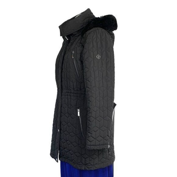 Calvin Klein Fur Trimmed Diamond Quilted 3/4 Length Coat - Black, Size Large - Picture 4 of 12